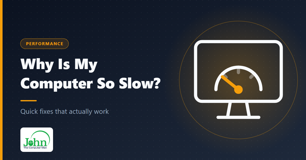 Illustration of a computer monitor showing a speedometer with the needle pointing to slow