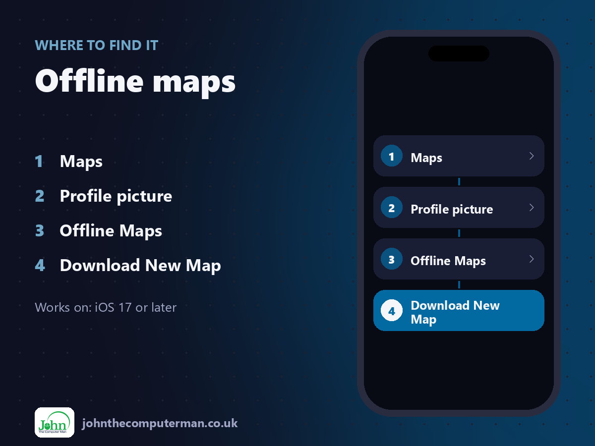 Where to find Offline maps on iPhone: Maps > Profile picture > Offline Maps > Download New Map
