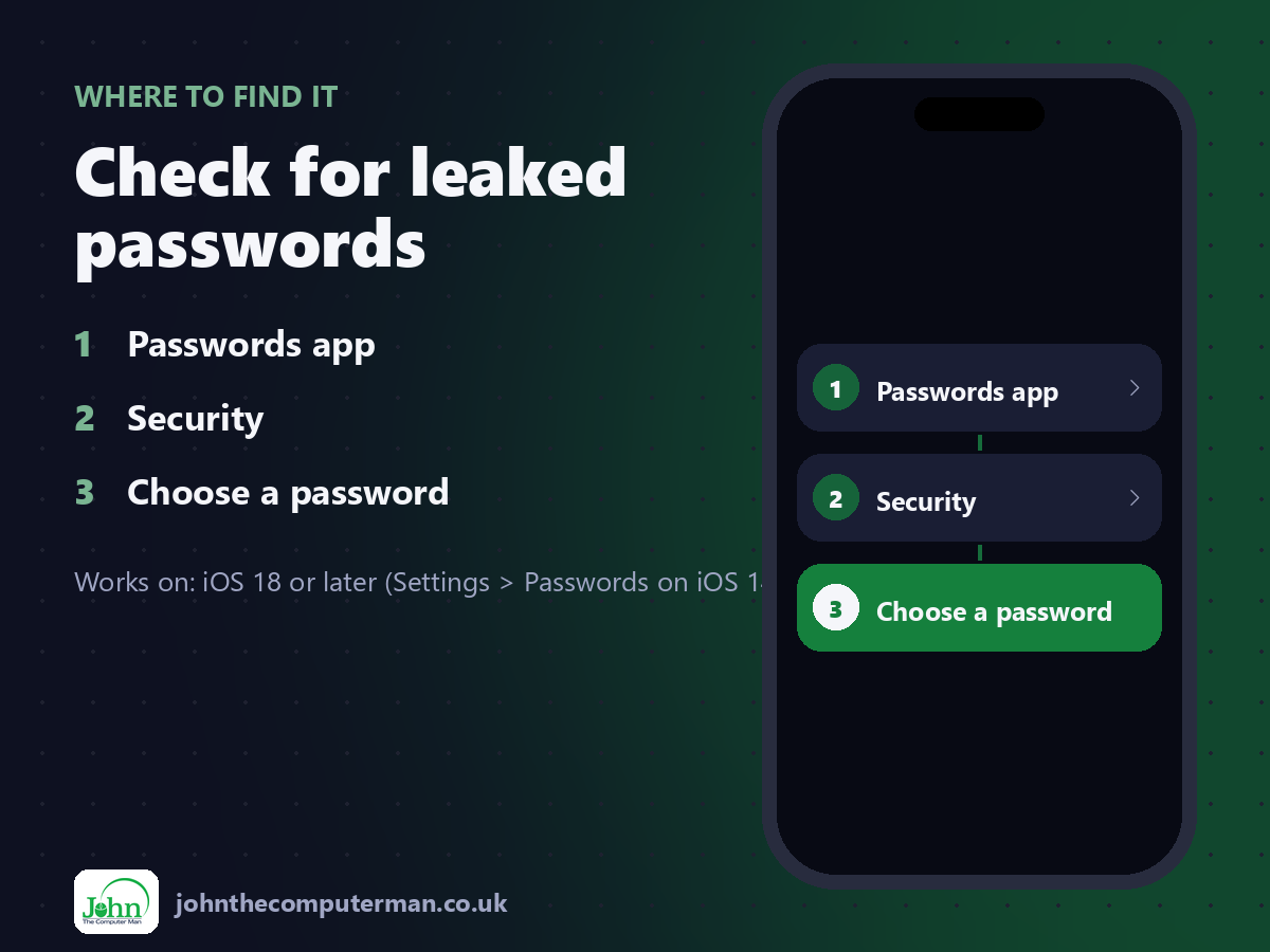 Where to find Check for leaked passwords on iPhone: Passwords app > Security > Choose a password
